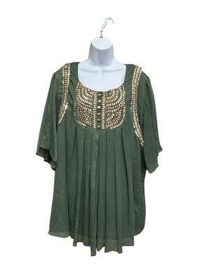 Denim 24/7 Plus Size 26W Olive Green Blouse, Heavily Embellished Boho Top